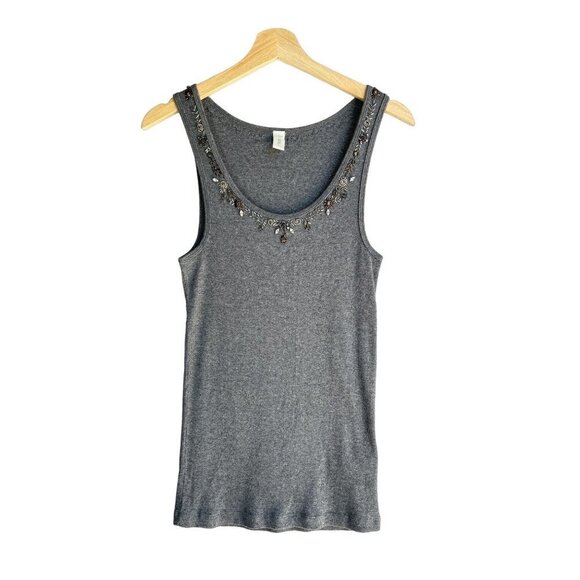 J. Crew Gray Sequin Trim Ribbed Tank Top Size Large - Picture 1 of 10